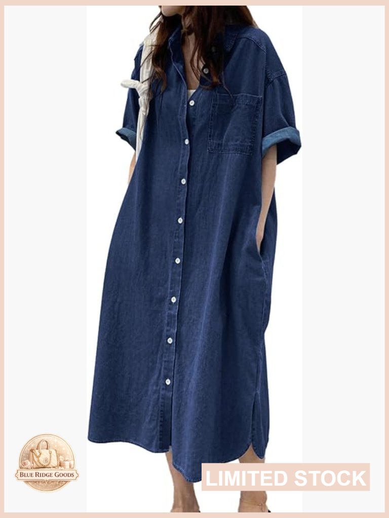 Denim Shirt Dress Casual Loose Fit Button Down Midi Summer Chic